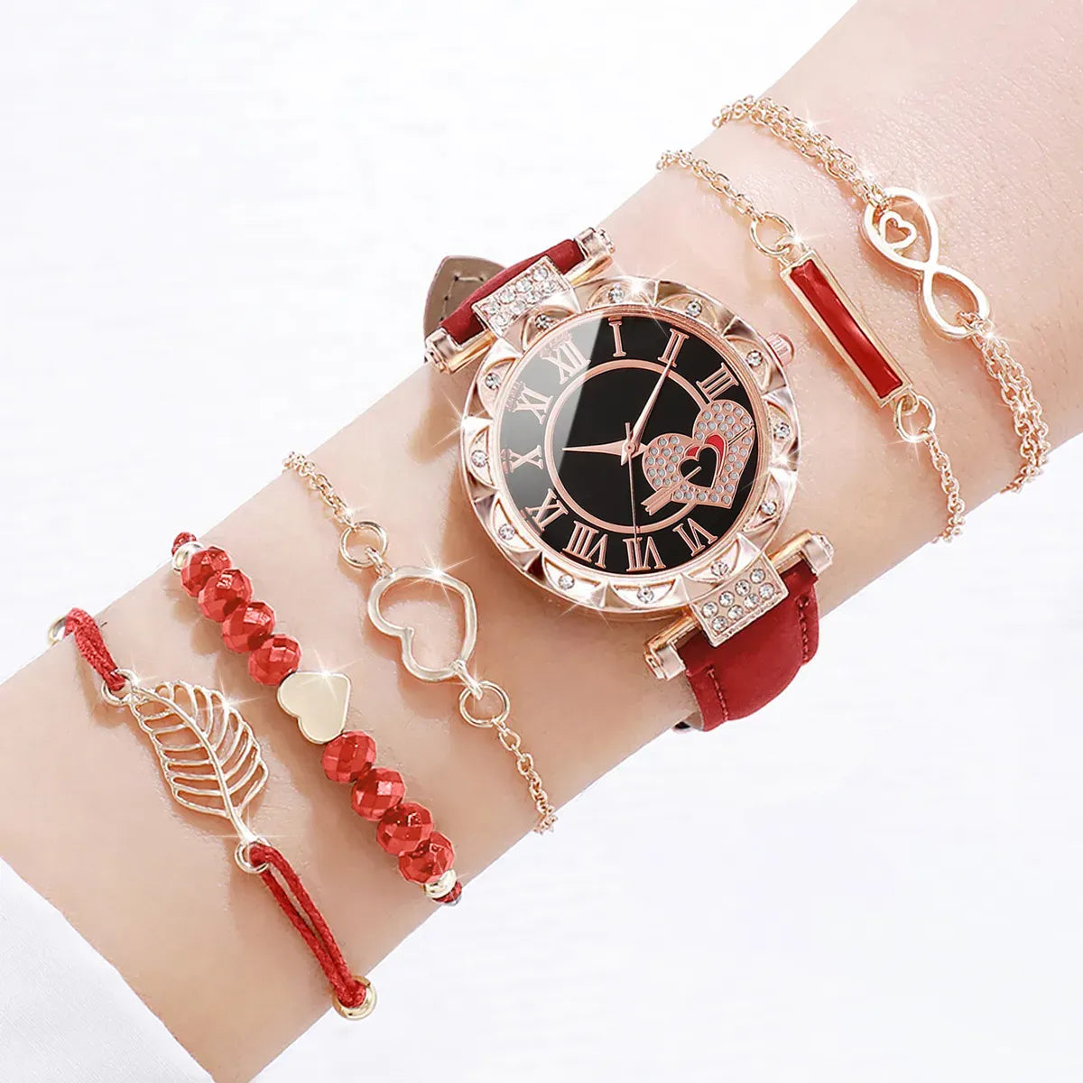 Watch for girls Roma Heart Dial Leather Band Quartz Watches Leaf Bracelets Set
