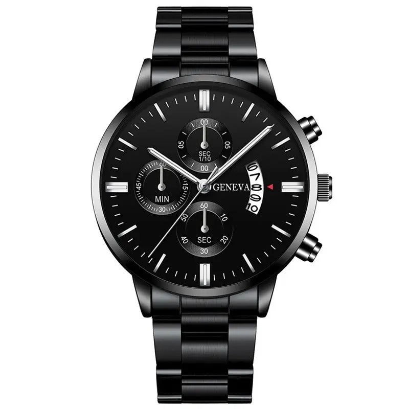 Men  Luxury Black Stainless Steel Quartz Wrist Watch