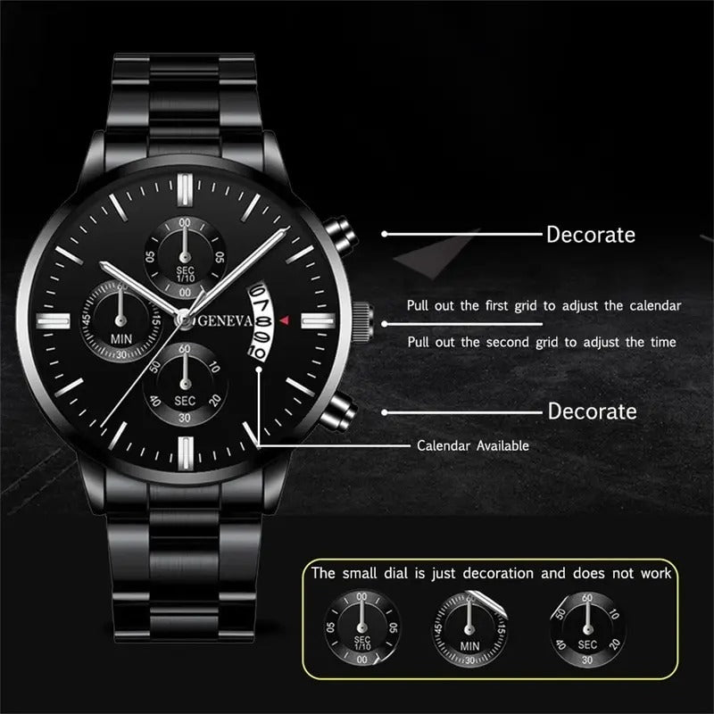 Men  Luxury Black Stainless Steel Quartz Wrist Watch