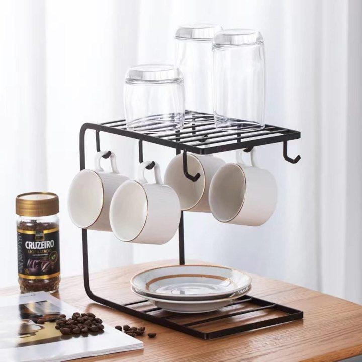 6 Hooks coffee cups rack in black,Metal Drying cups