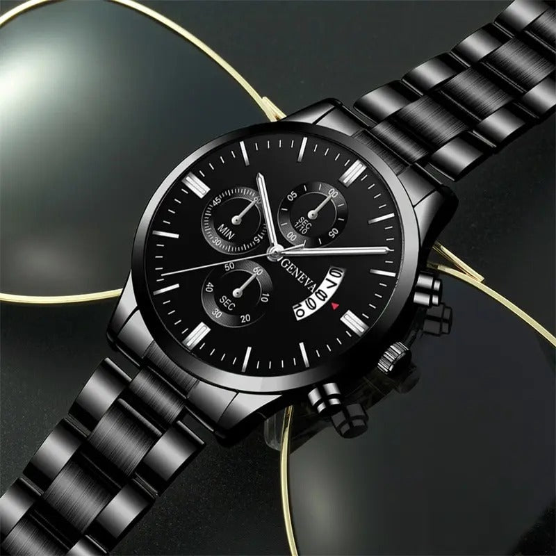 Men  Luxury Black Stainless Steel Quartz Wrist Watch