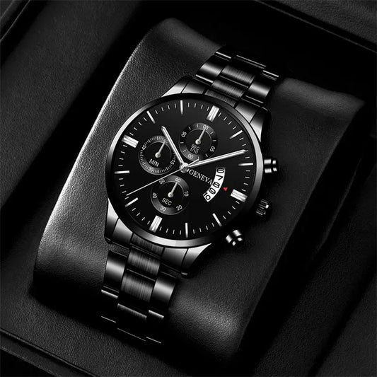 Men  Luxury Black Stainless Steel Quartz Wrist Watch