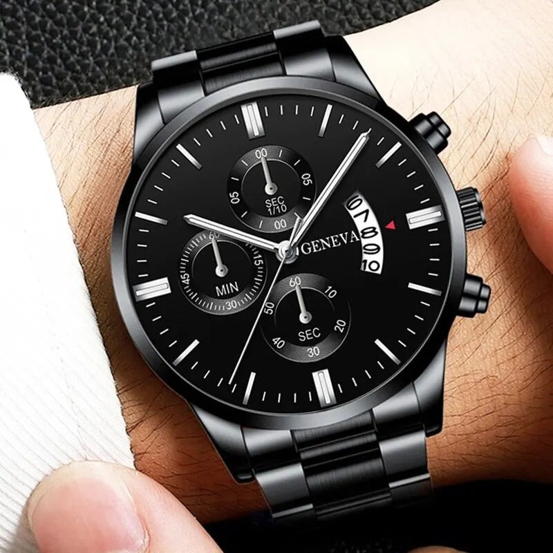 Men  Luxury Black Stainless Steel Quartz Wrist Watch