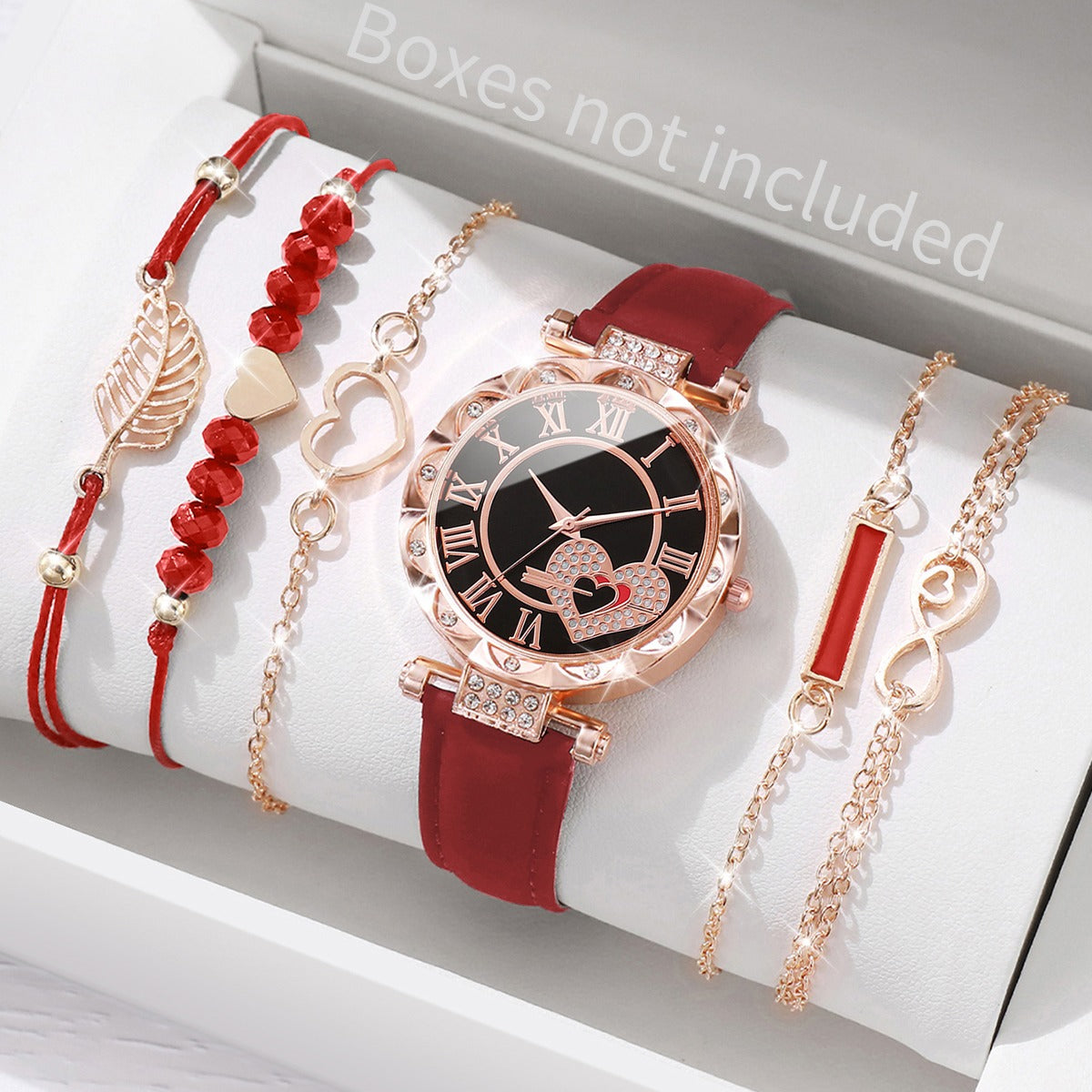 Watch for girls Roma Heart Dial Leather Band Quartz Watches Leaf Bracelets Set