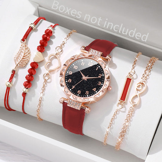 Watch for girls Roma Heart Dial Leather Band Quartz Watches Leaf Bracelets Set